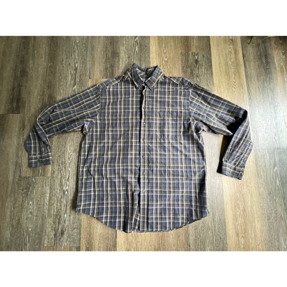 Roundtree & Yorke Button Down Shirt Mens 2XT Blue Plaid 80s Two-Ply Cotton